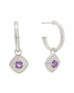 Judith Ripka Julian Silver 1.00 Ct. Tw. Amethyst Charm Hoops Women