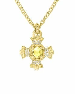 Judith Ripka Estate 14K Over Silver White Topaz CZ Maltese Cross Pendant Necklace Women