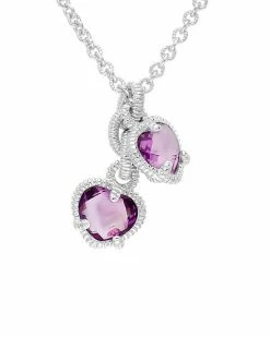 Judith Ripka La Petite Silver Pink Corundum CZ Double Heart Necklace Women