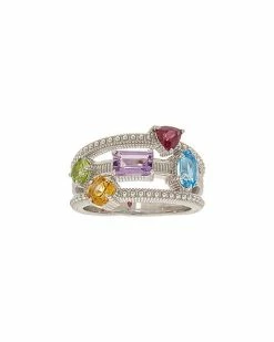 Judith Ripka Classic Silver Gemstone Multi-Row Ring Women